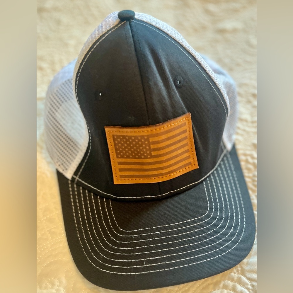 Black and White Trucker Hat with Leather American Flag Patch